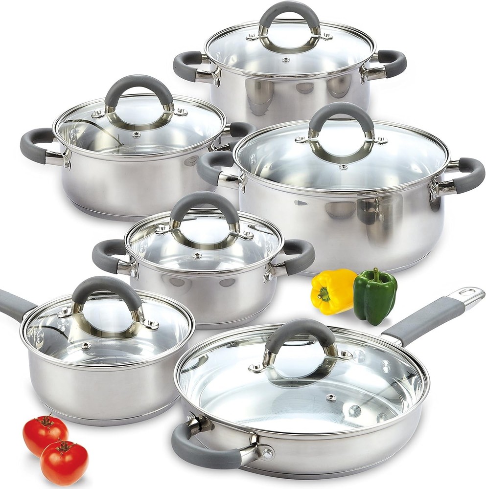 Kitchen Cookware Sets 12-Piece Basic Stainless Steel Pots & Pans Silver