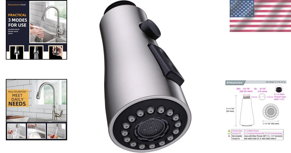 Versatile Kitchen Faucet Head with Stream, Spray & Pause Modes - Brushed Nickel