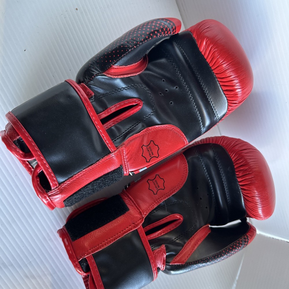BOXING INC Red Leather & Black Training Boxing Gloves Hook & Loop Wrap 12oz MINT