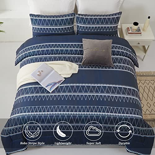 Comforter Set,Reversible Boho Triangle Down Alternative King Navy Blue