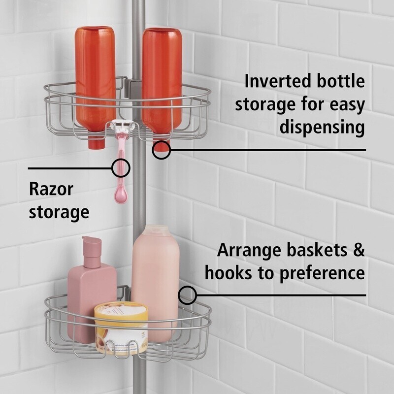 Rust Resistant Tension Rod Shower Caddy 3 Tier Corner Storage Baskets Hooks New
