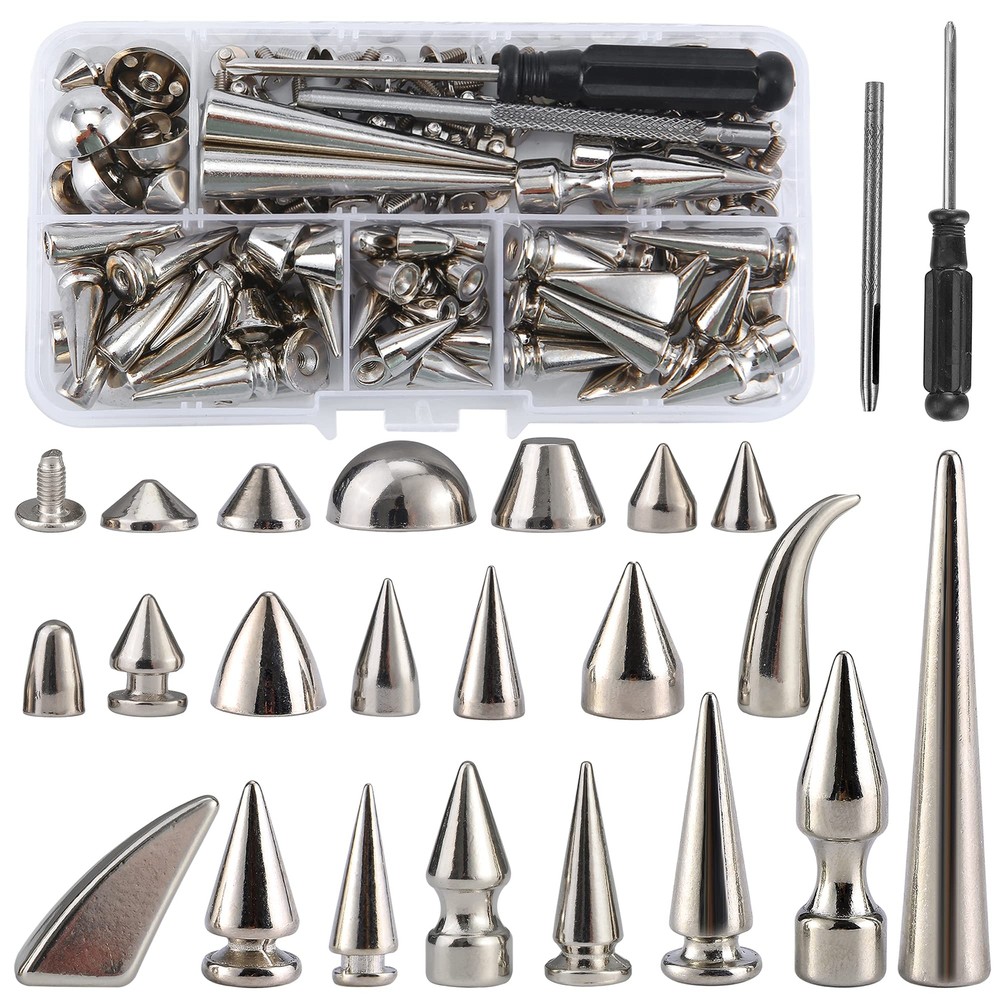 80 Mixed Shape Spikes Studs Kit Silver Screw Back Studs for Leather Clothing