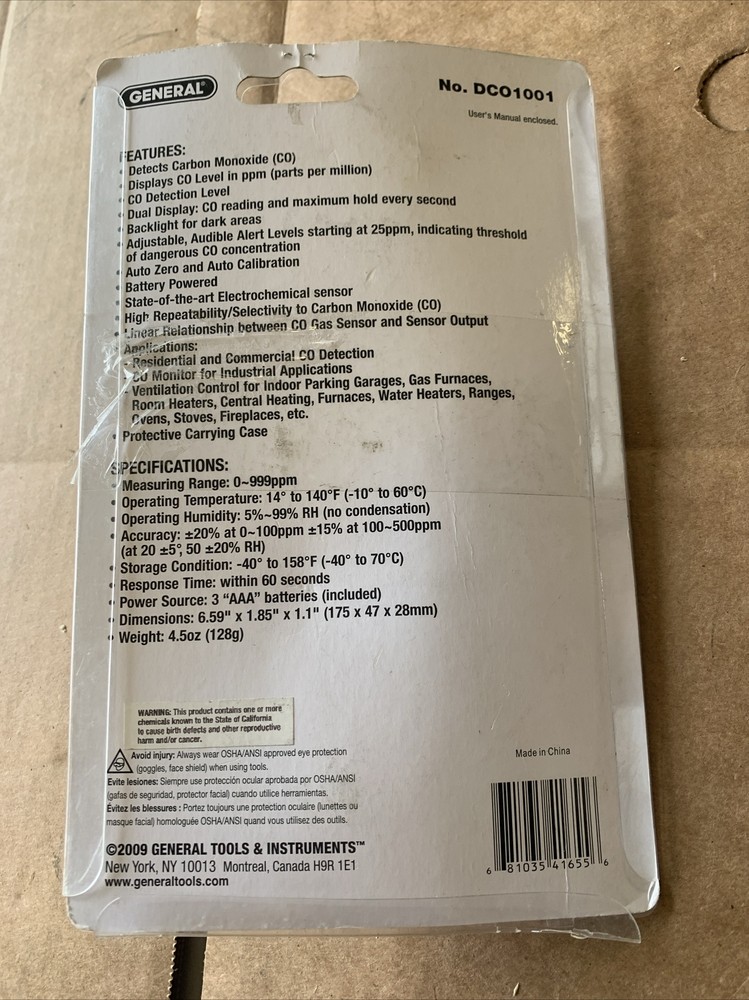 General Tools DCO1001 Carbon Monoxide Detector Meter - New