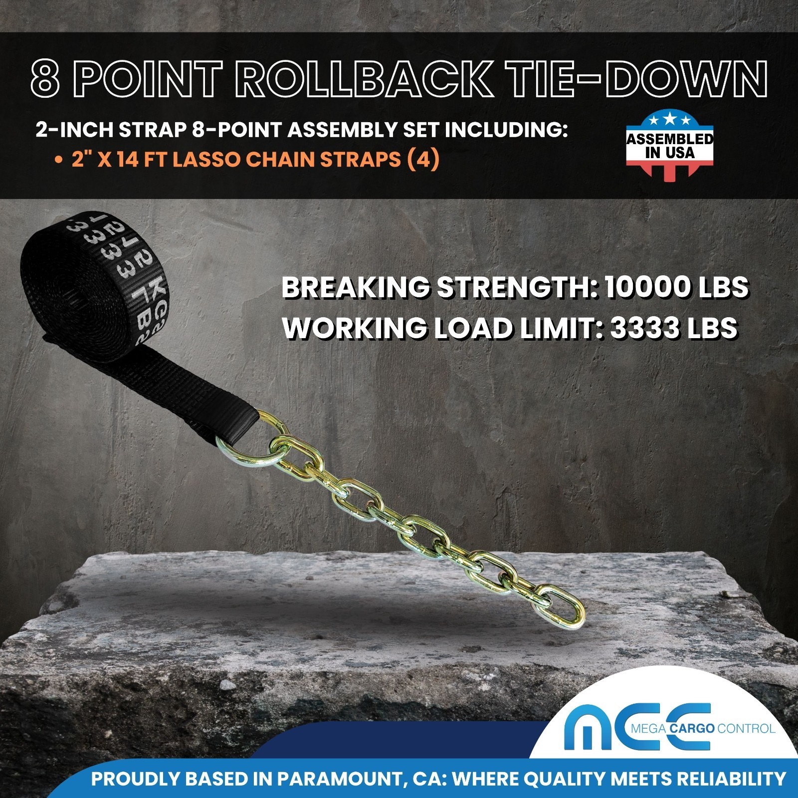 8 Point Rollback Tow Truck Tie Down Kit w/Chain End Towing USA Custom Made Black