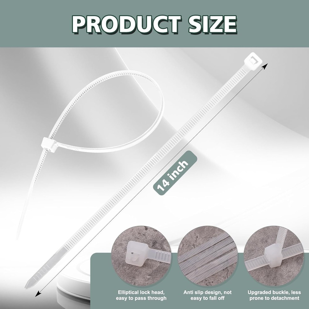 White Zip Ties 14" 100 Pack Heavy Duty 60lb
