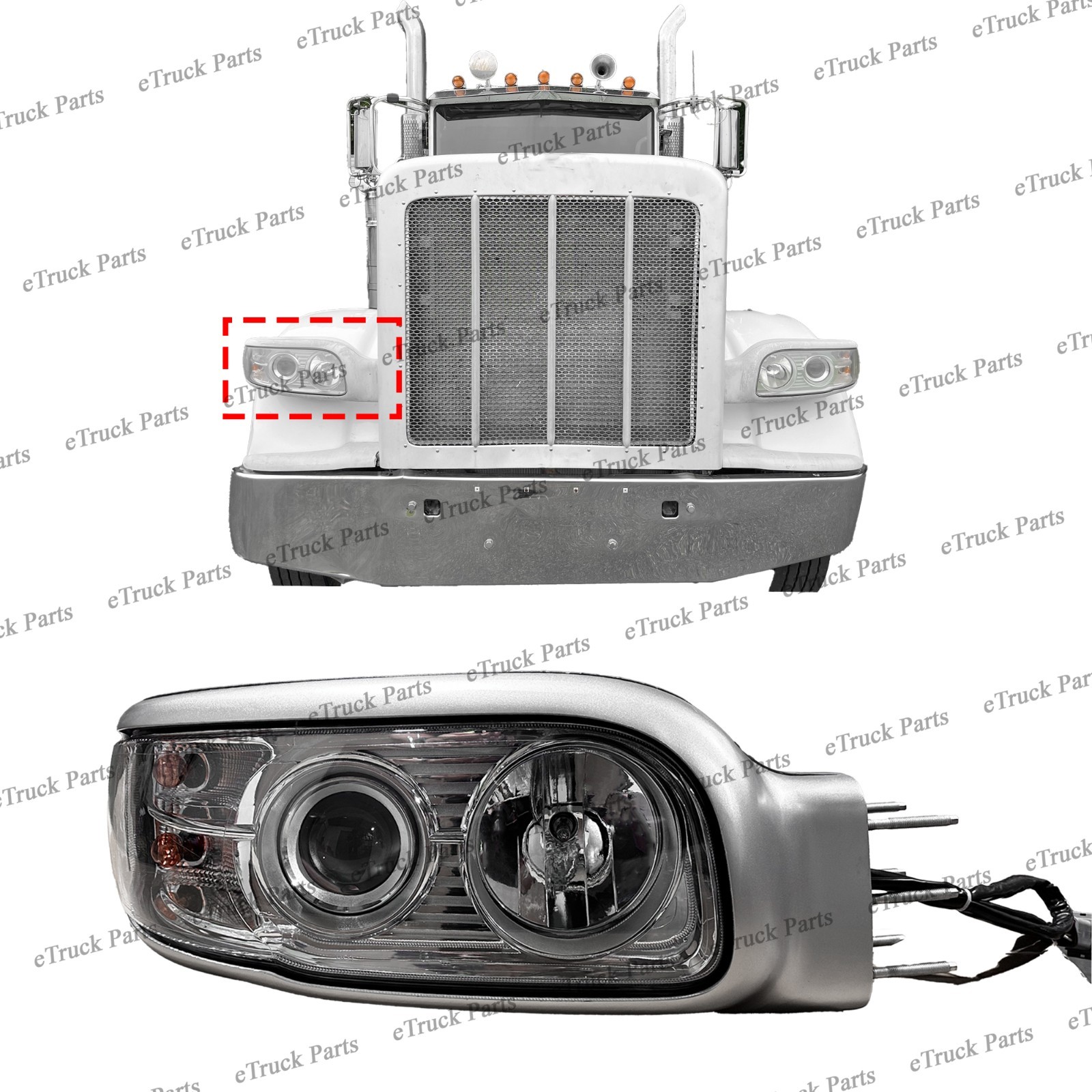 2008 - Peterbilt 388 389 567 589 RH Headlight Assembly w/ Matte Chrome Housing