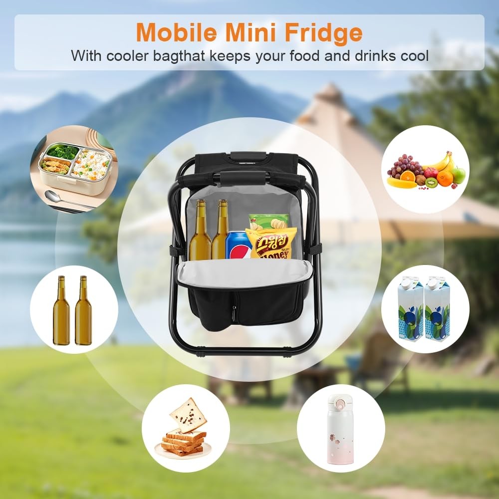 Portable Folding Backpack Stool with Cooler Compartment, Black
