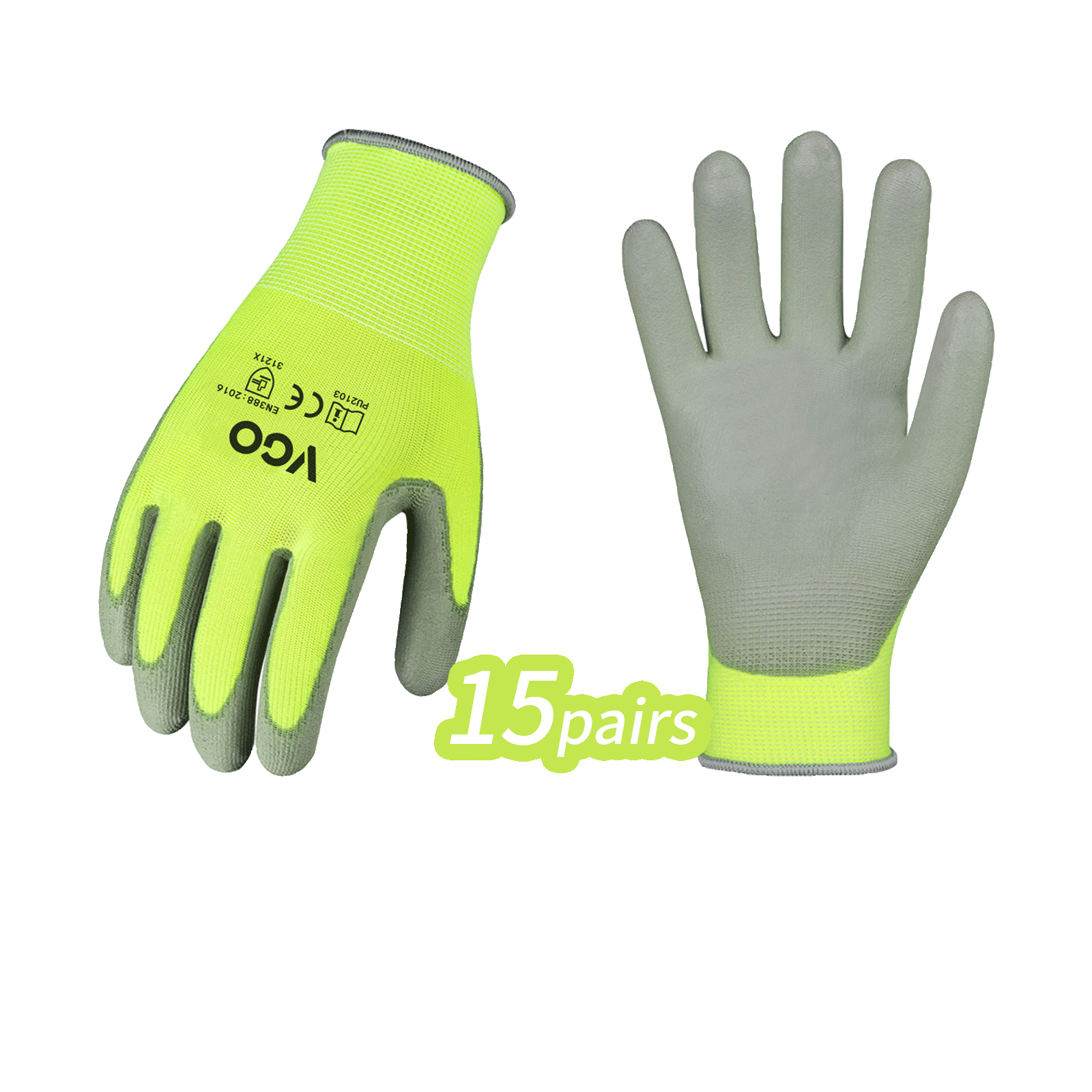 Vgo 15Pairs PU Coated Painting,Yardwork,Gardening,DIY,Work Gloves (PU2103-Y)