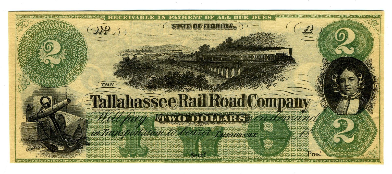 CURRENCY – TALLAHASSEE RAIL ROAD COMPANY -  $2 – UNISSUED -NM CONDITION - CRISP