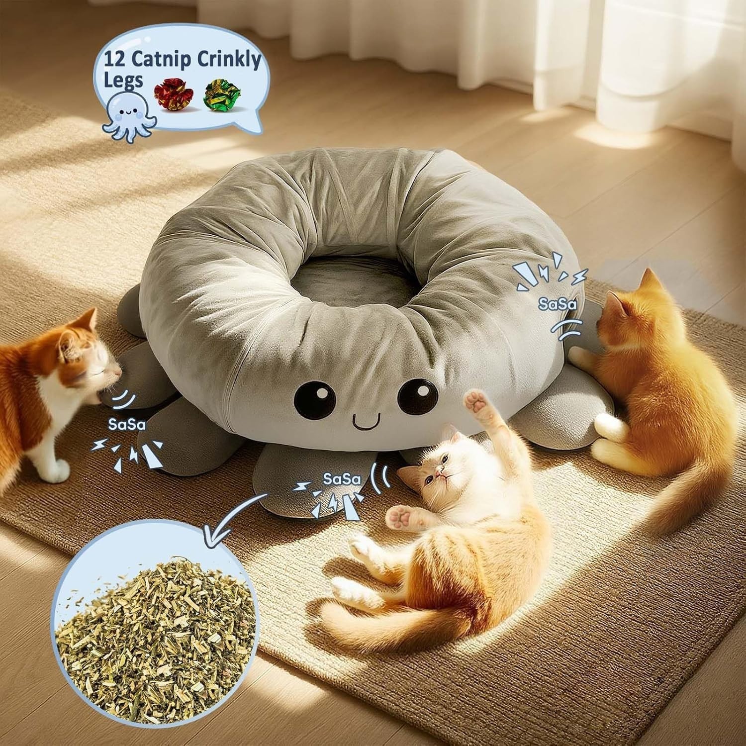 2-in-1 Cat Tunnel Bed with 20 Cat Toys, Washable Peekaboo Cat Cave Bed