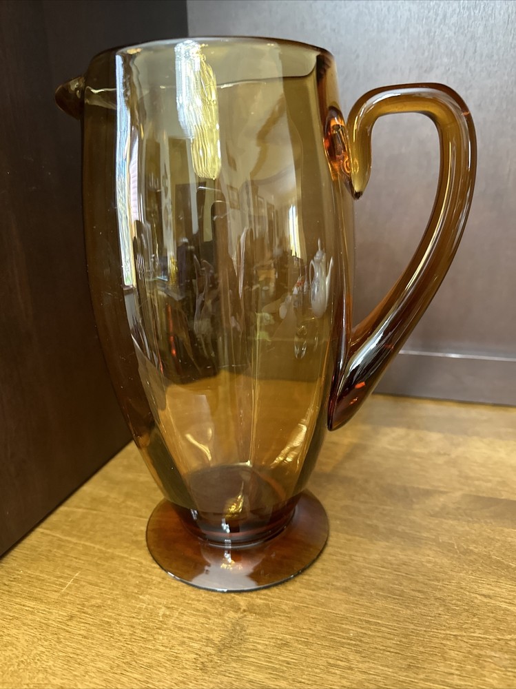 Glass Handled Pitcher Amber Honey Optic Panel 9.5”