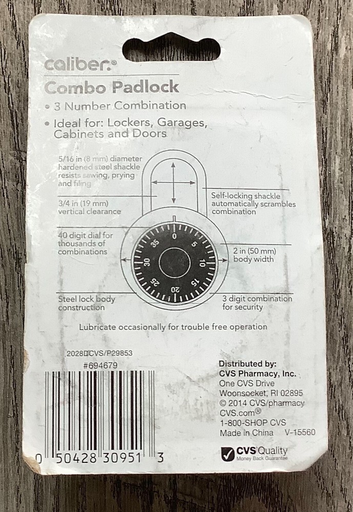 CALIBER COMBO PADLOCK 3 NUMBER COMBINATION PAD LOCK  2 in (50 mm)