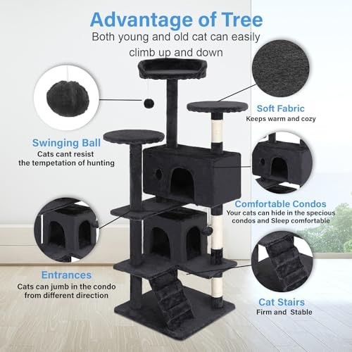 54in Cat Tree Tower Multi Level Condo Scratching Posts Perches Indoor Gray