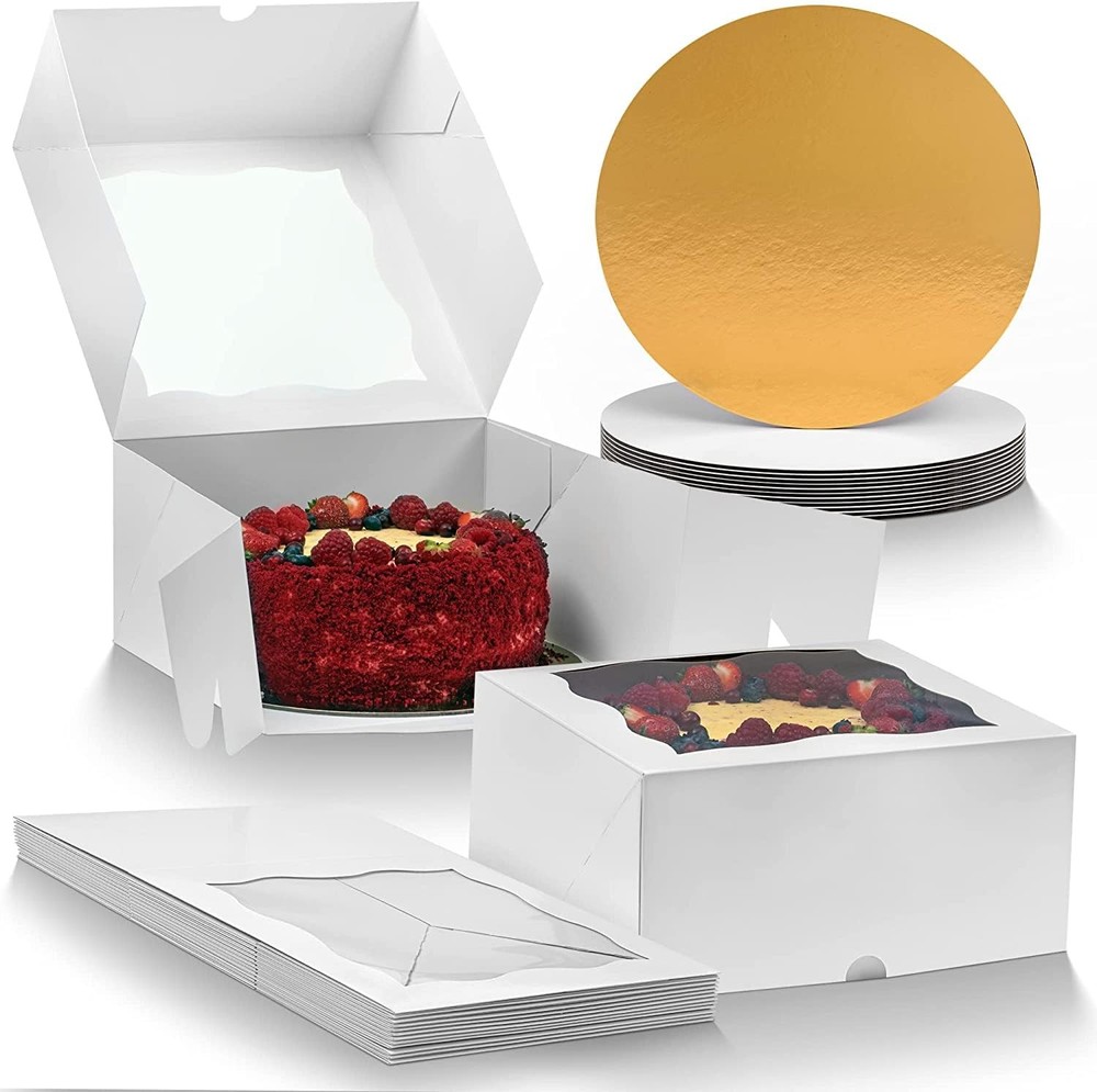 Premium Cake Boxes with Cake Boards Set - 12 Front-Loading Sturdy Cardboard C...