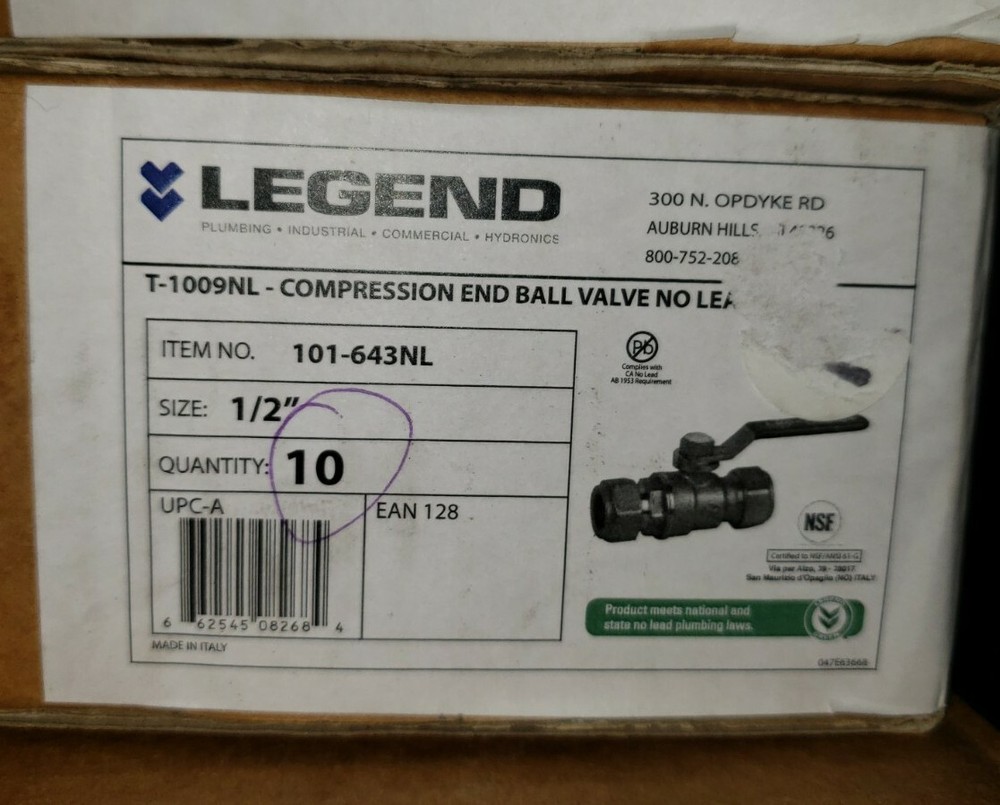 101-643NL 1/2" Compression End Ball Valve