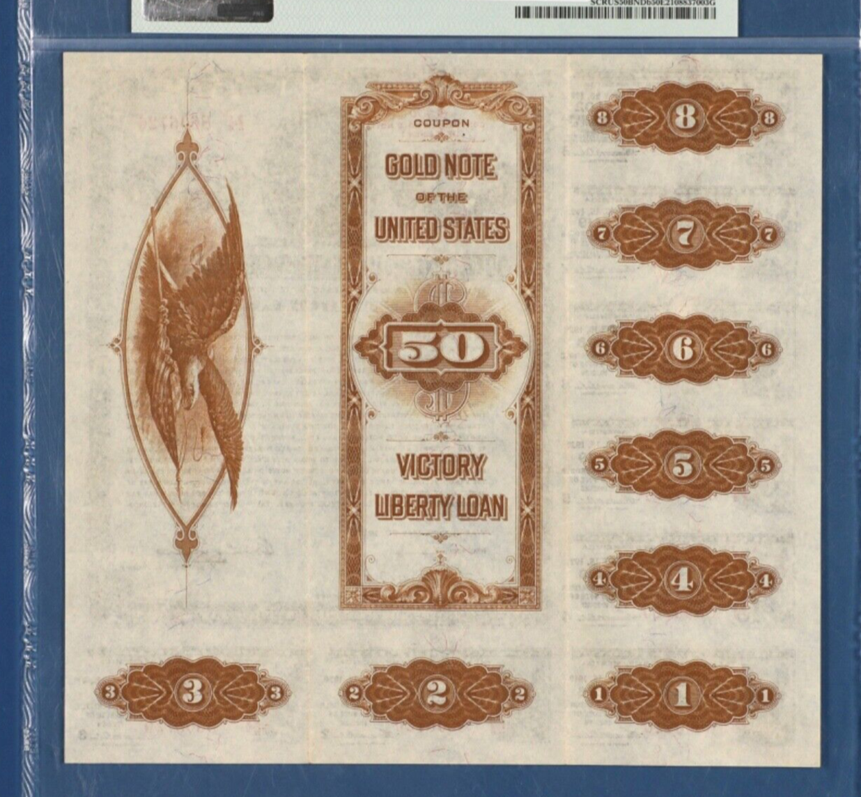 1919 $50 U.S Victory Liberty Loan-4¼% Gold Bond(1922-23)PMG 50 EPQ-All 8 coupons