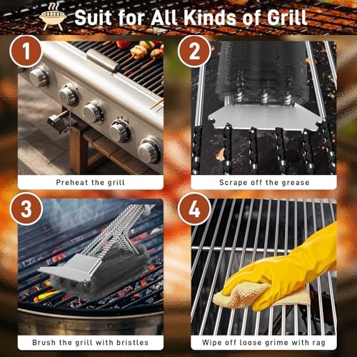 Grill Brush and Scraper-18 Adjustable Handle Safe BBQ Grill brush with Scraper