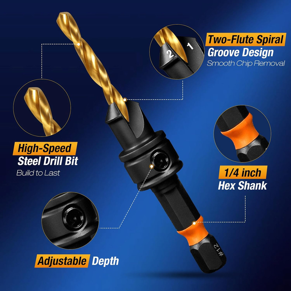Countersink Drill Bit Set, 11pcs Countersink Drill Bits#4, #6, #8, #10, #12, Tit