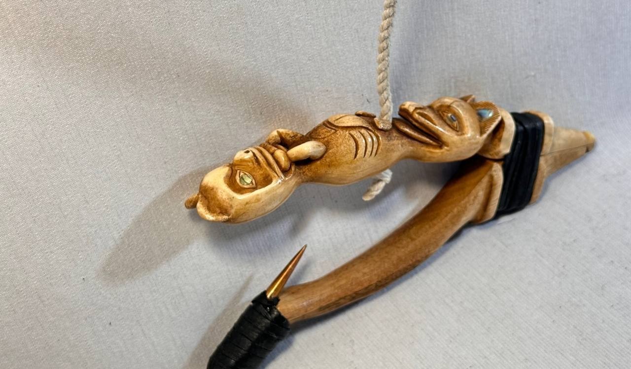 Wolf and Beaver Totem Halibut Hook, Shell Inlay, Northwest Coast Design