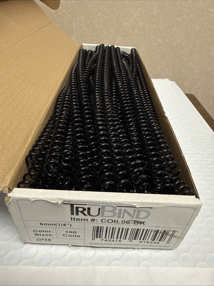 100 Pack Plastic Spiral Binding Coils Multi Size 6mm Black TruBind Open Box