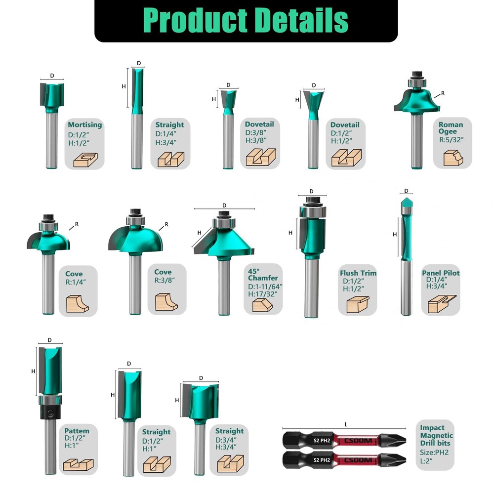 CSOOM 30PCS Router Bits Set - 1/4" Shank Woodworking Tools