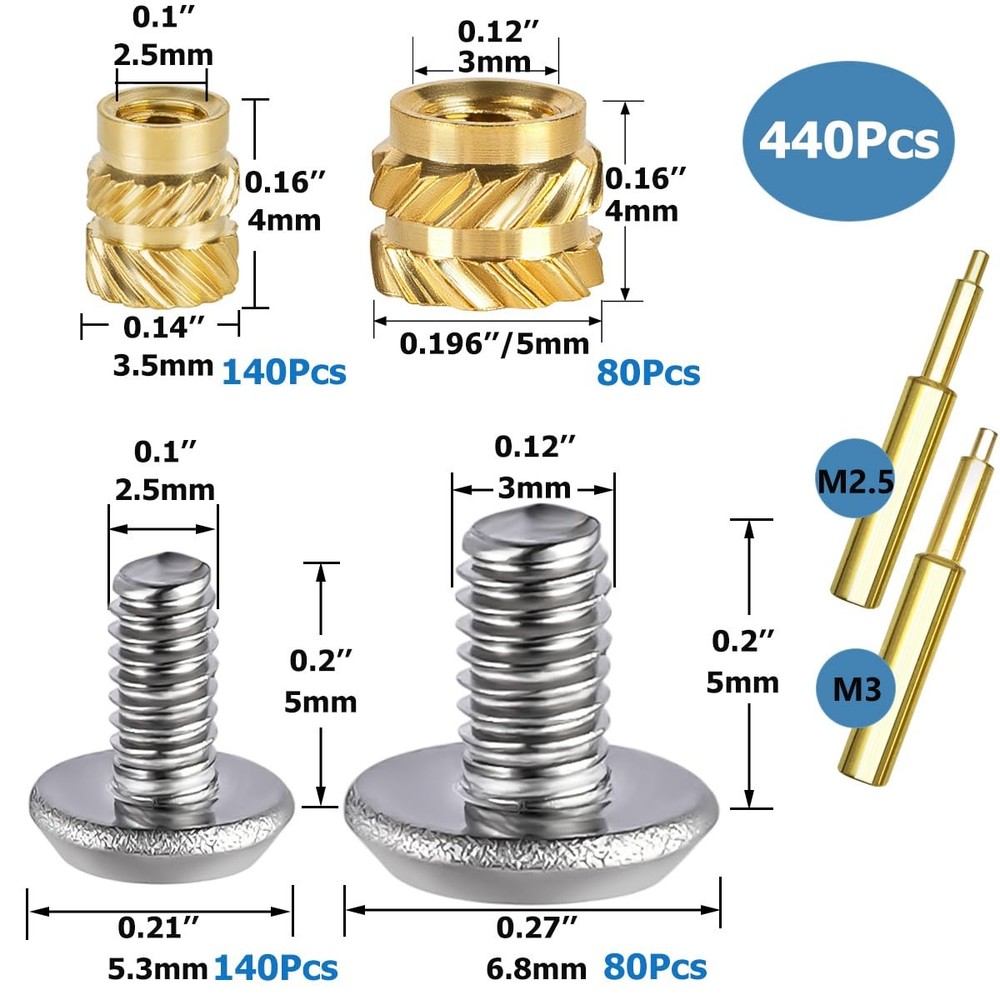 440Pcs Threaded Inserts Bolt Set M2.5 M3 Heat Insert Kit, Gold