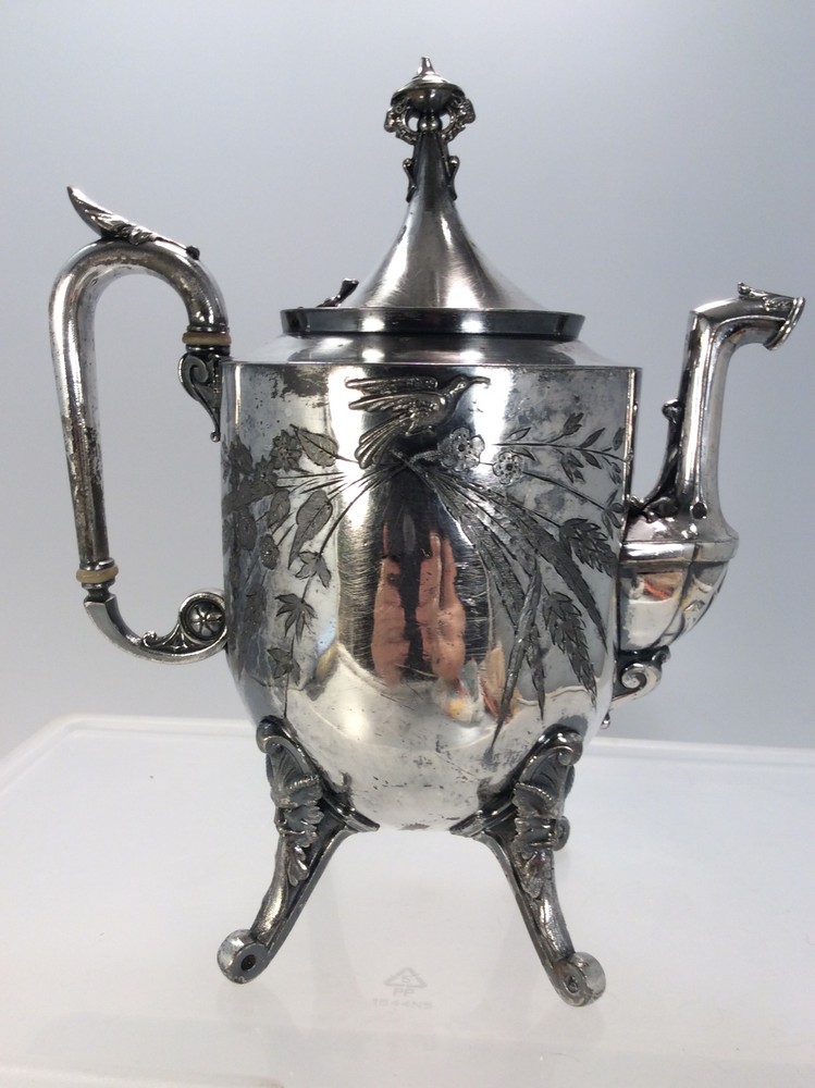 Antique Reed & Barton Tea Pot Silverplate 1890 4 faces legs