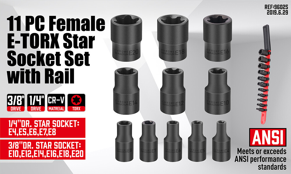 11 Pc Female E Torx Star Socket Set & Rail E4-E20 Driver Torque Socket 3/8" 1/4"