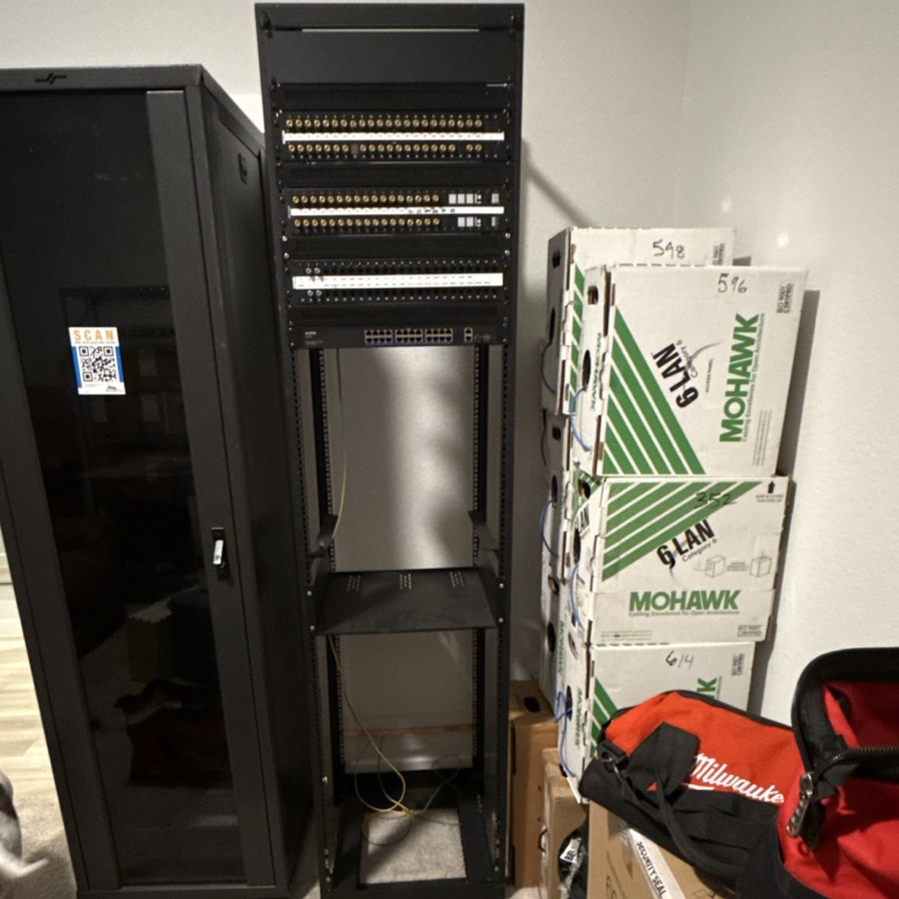 Freestanding 19in Open Frame Server Rack with Patch Panels and Shelves