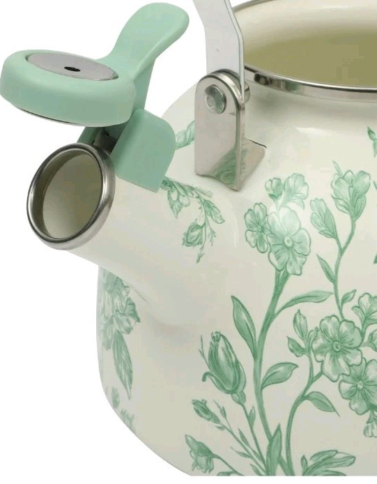 Pioneer Woman ~ AGATHA ~ 2 Quart Tea Kettle ~ Enamel on Steel ~ Floral ~ GREEN