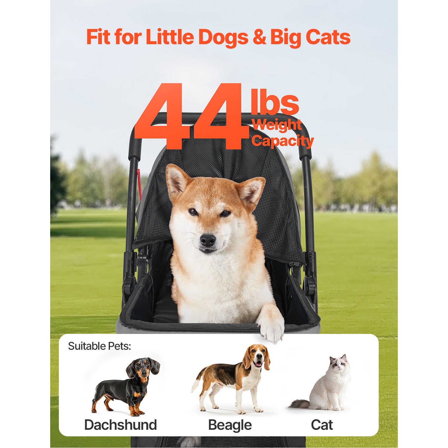Pet Stroller Foldable 4 Wheels Travel Dog Stroller Reversible Handle up to 44lbs