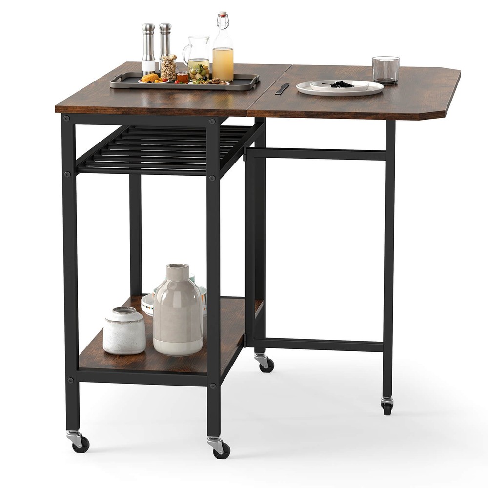 Folding Dining Table Movable Kitchen Table with Wine Rack Storage Shelf & Wheels