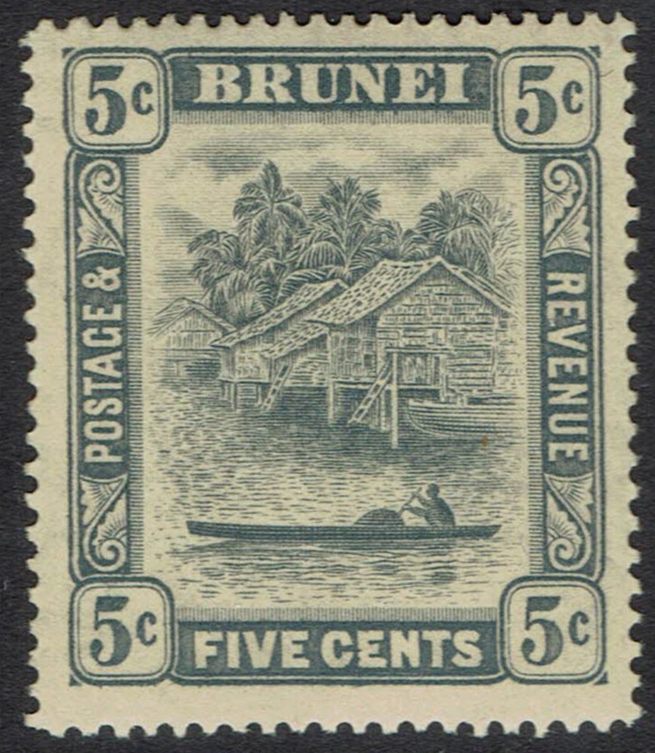BRUNEI 1924 RIVER VIEW 5C GREY WMK MULTI SCRIPT CA