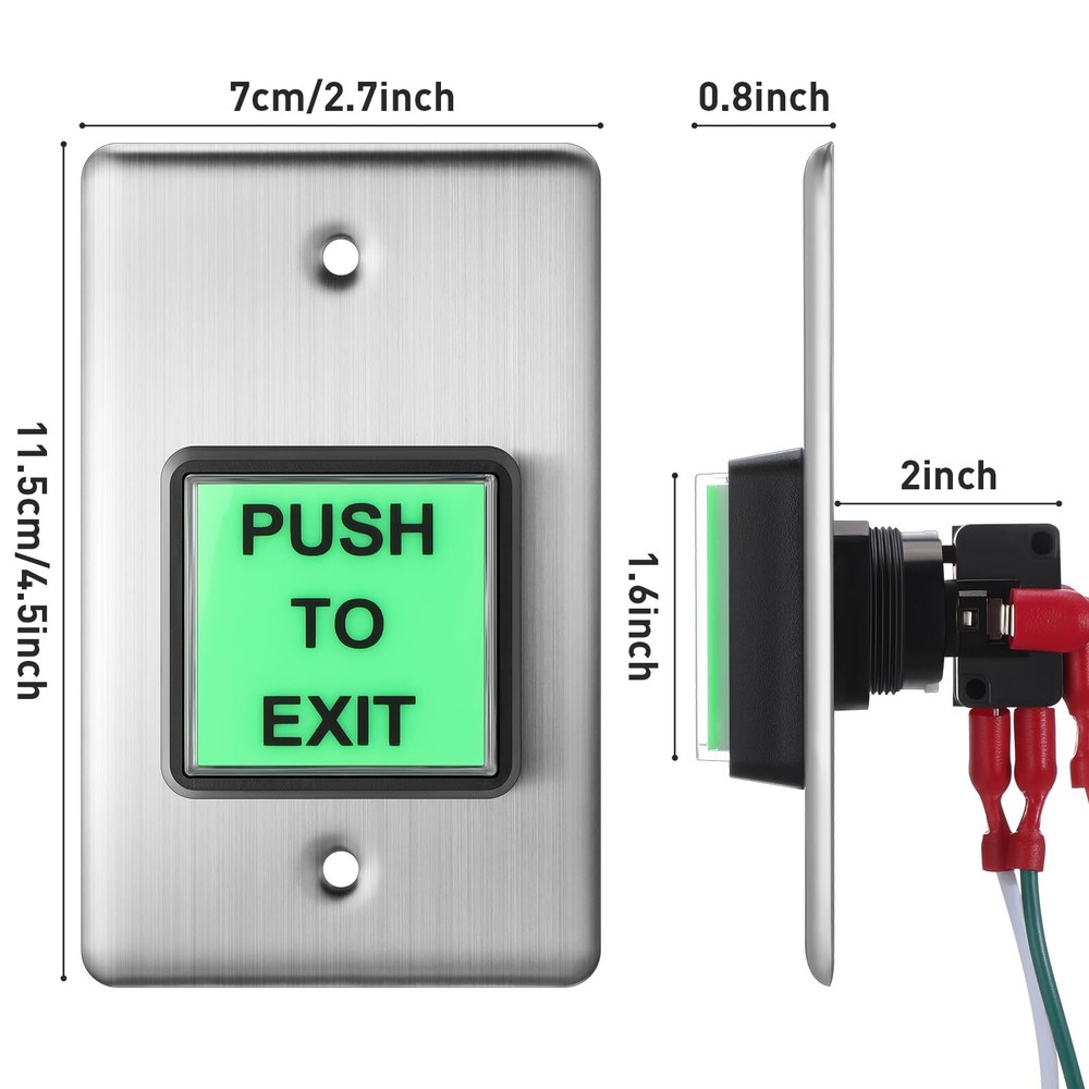 2 Pcs Push to Exit Button Indoor Green Square Request to Exit Button Stainles...