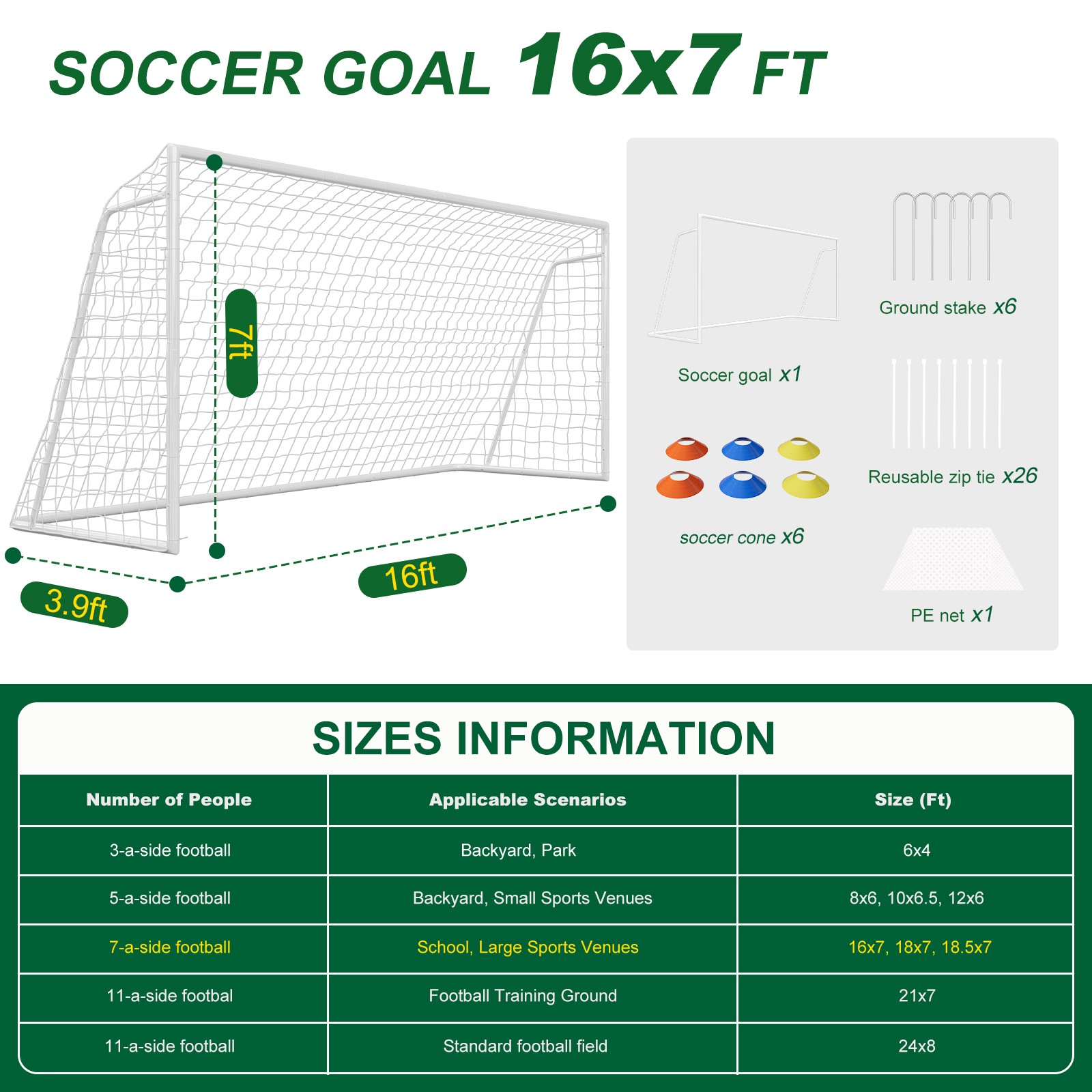 Pro Soccer Goal Set 16x7ft w/6 Cones & Net, Heavy Duty 50mm Steel
