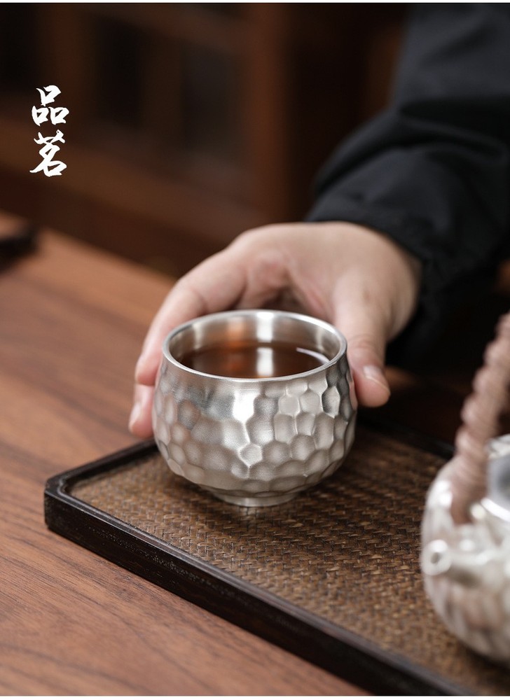 KungFu Tea Set 999 Sterling Silver Pot Cup Ceramic Hammer Pattern Portable Set