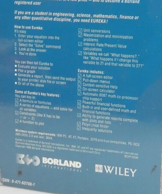 Borland EUREKA Vintage IBM Software • Disk & Manual Equation Solver 1986 SEALED