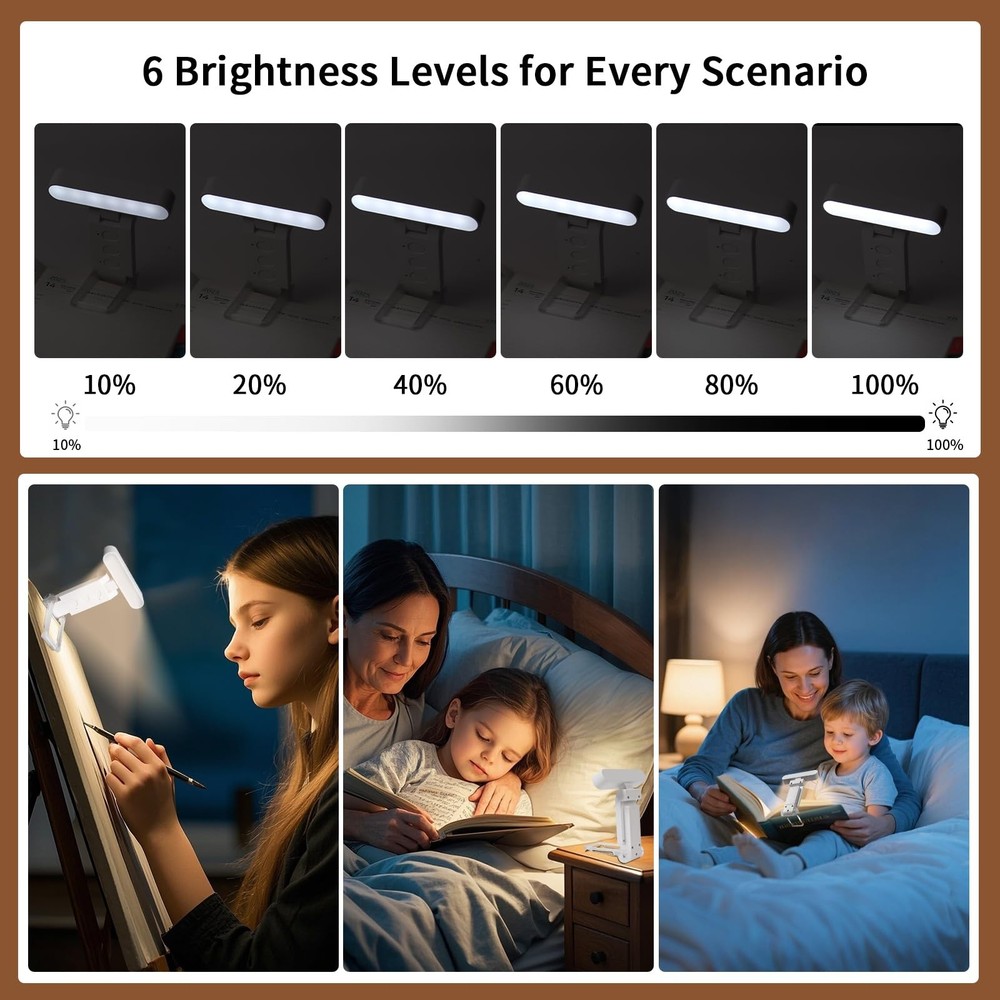 Book Light USB Rechargeable Clip-On Reading 30 Adjustable Modes Timer White