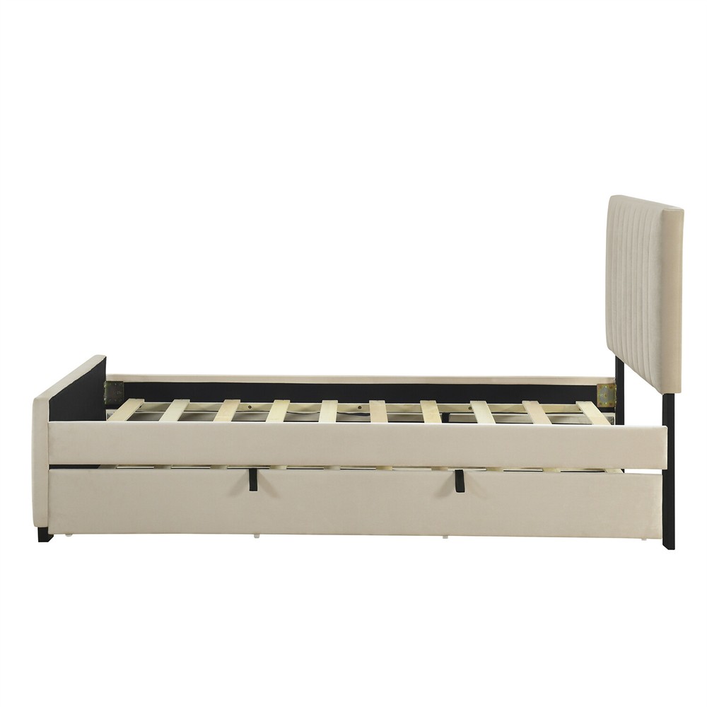 Twin Size Bed Frame Upholstered Platform Bed with Pull Out Trundle Beige/Pink