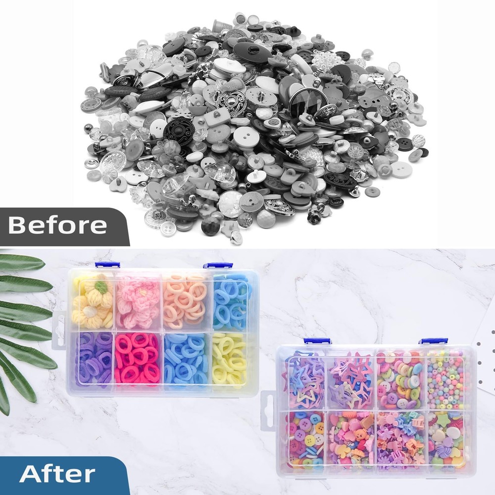 2 Pcs 8 Grids Clear Plastic Storage Box with Adjustable Dividers, Stackable 8...