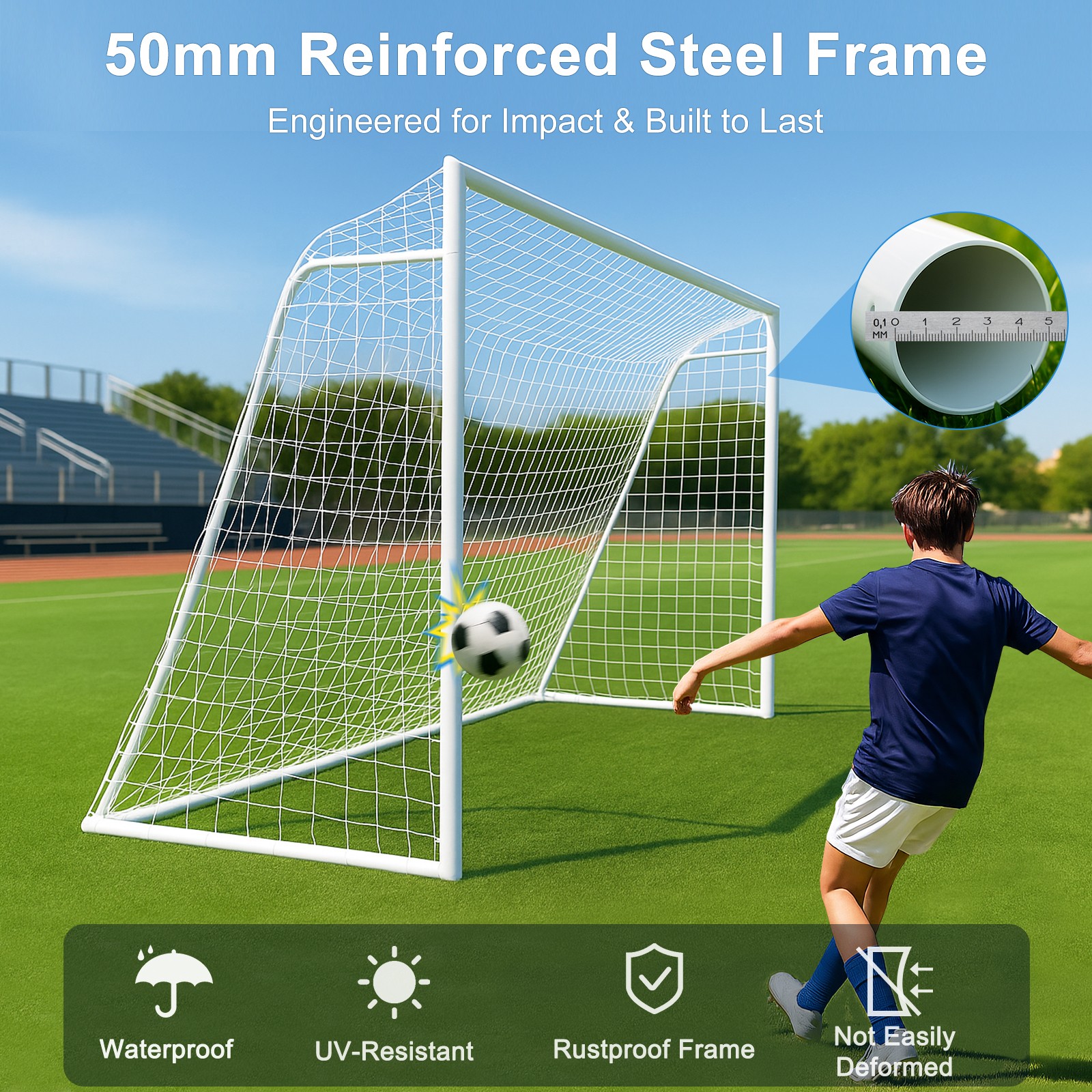 Pro Soccer Goal Set 16x7ft w/6 Cones & Net, Heavy Duty 50mm Steel