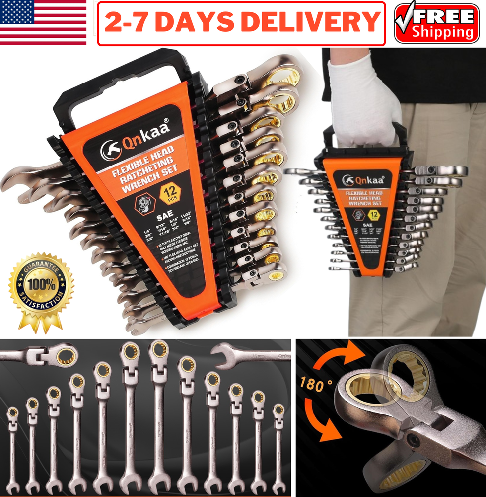 12pcs SAE Ratcheting Combination Wrench Set Flex Head & Fixed Head Spanners Kit