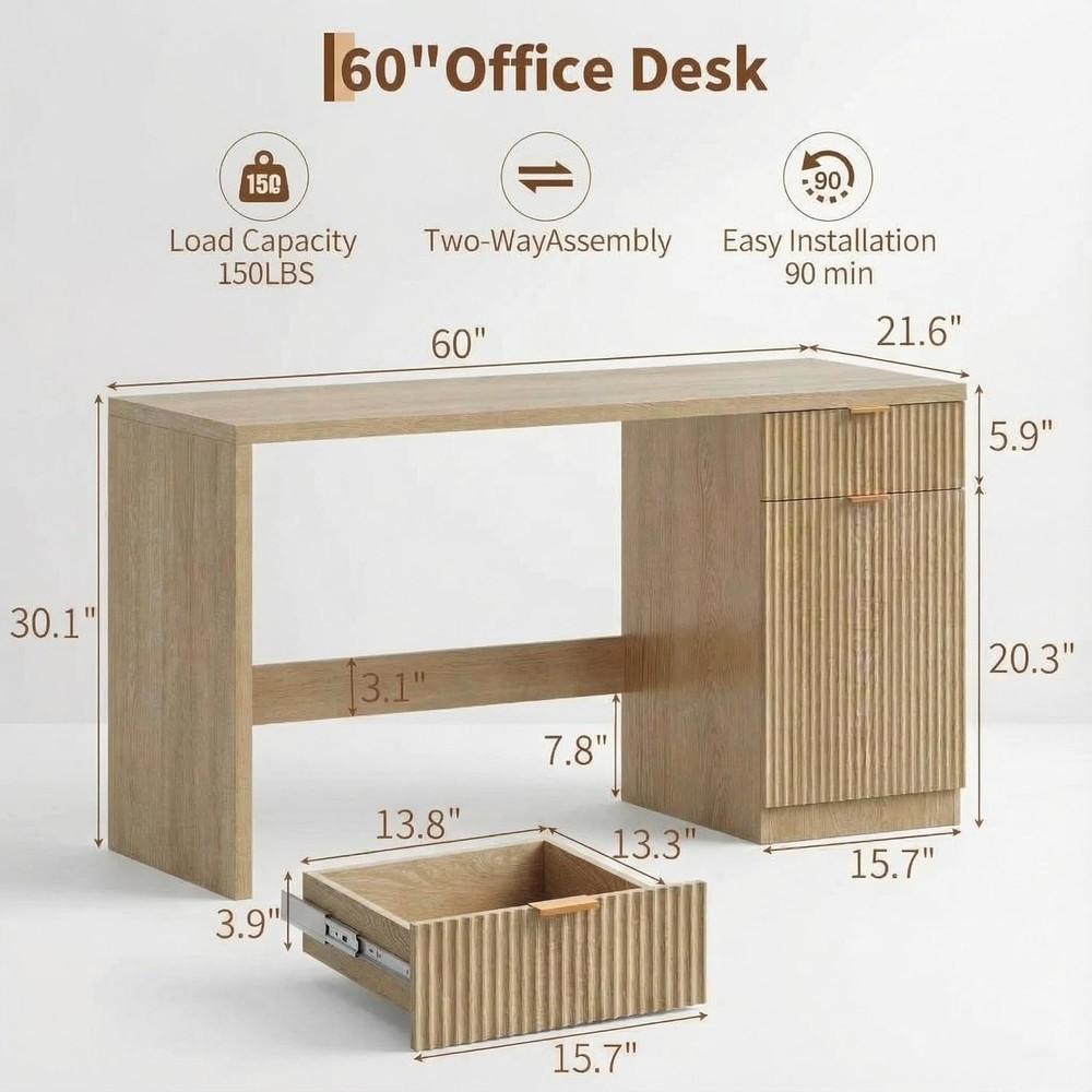 60" Modern Wood Fluted Computer Desks Workstation for Working,Studying,Writing