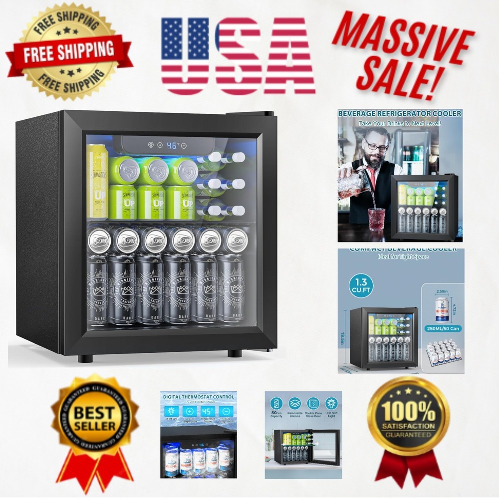 Compact 1.3 Cu.ft Beverage Refrigerator - Holds 50 Cans, Adjustable Temp Control