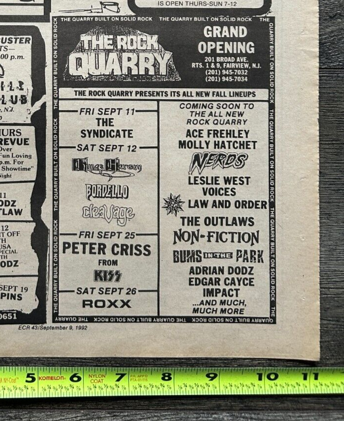 KISS Concert Ad Advert ACE FREHLEY + PETER CRISS Rock Quarry NJ '92 Vintage Kiss