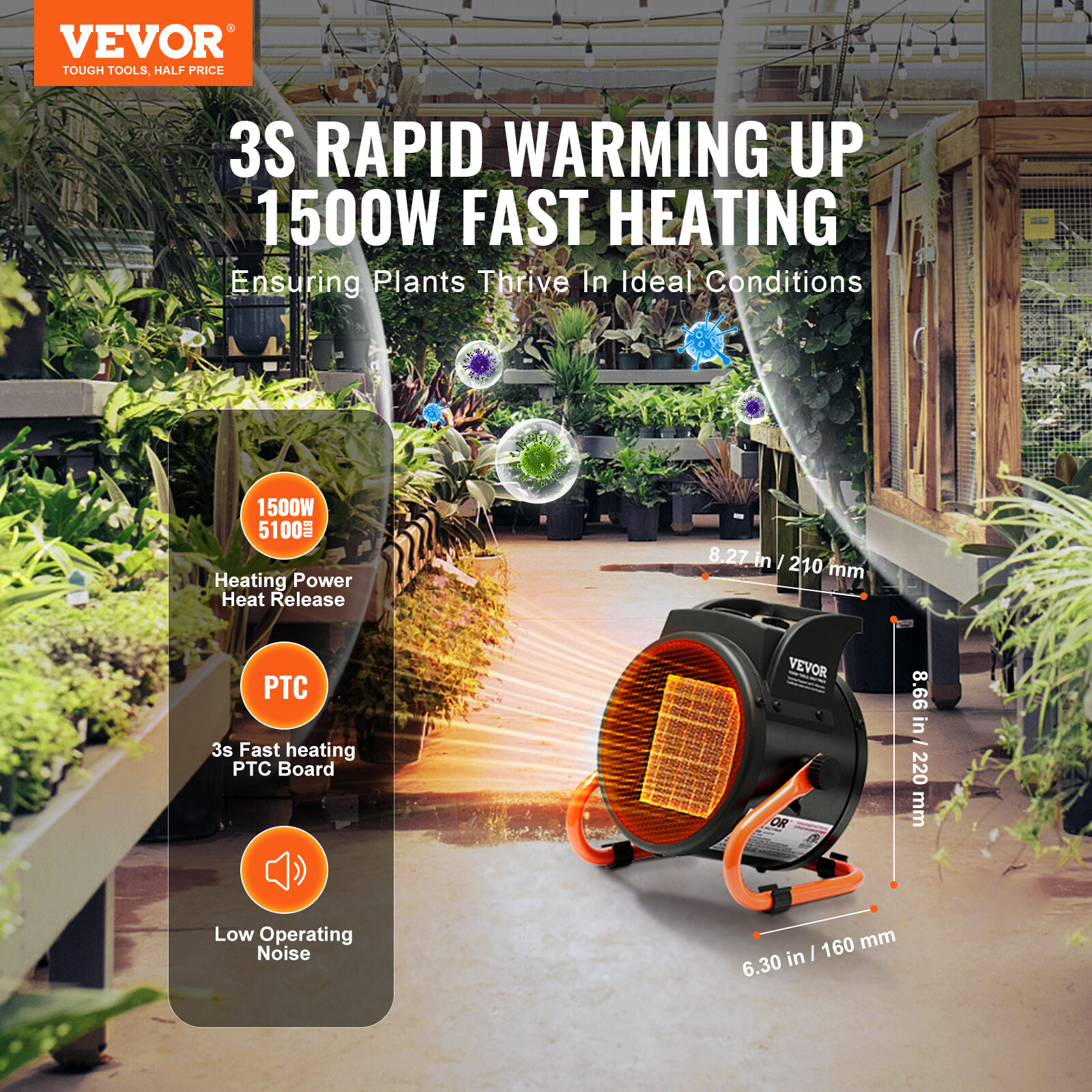 VEVOR Greenhouse Heater 1500W PTC Fast Heating Overheat Protection 3-Speed