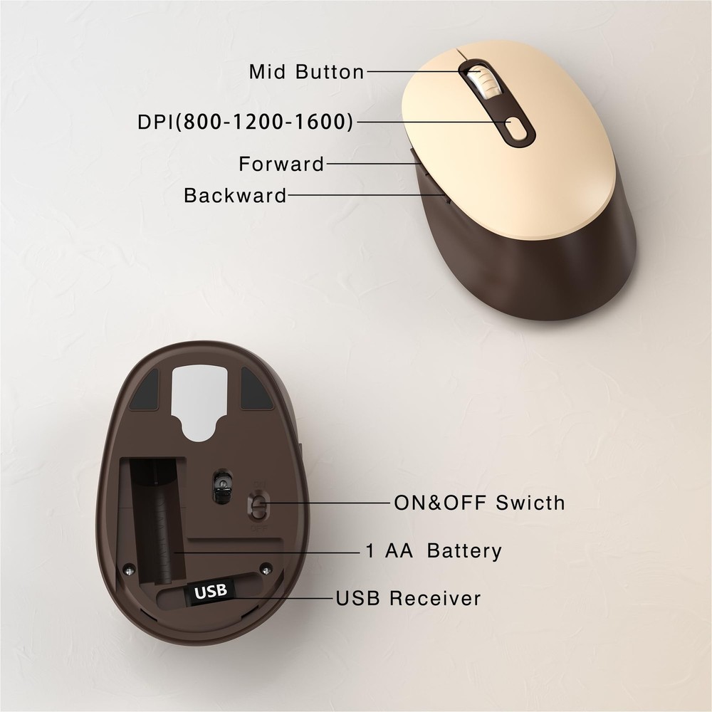 Wireless Keyboard Mouse Combo FullSize Retro Typewriter Coffee Brown Set