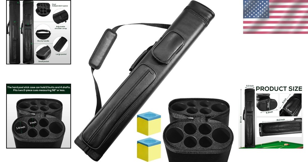 Durable PU Leather Oval Billiard Cue Case with Adjustable Strap & 2 Chalk Cubes