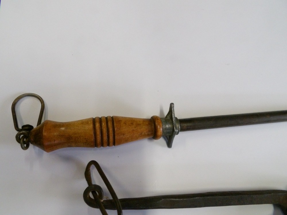 Antique Blacksmith Tools, Hooks, Knife Sharpener, Etc