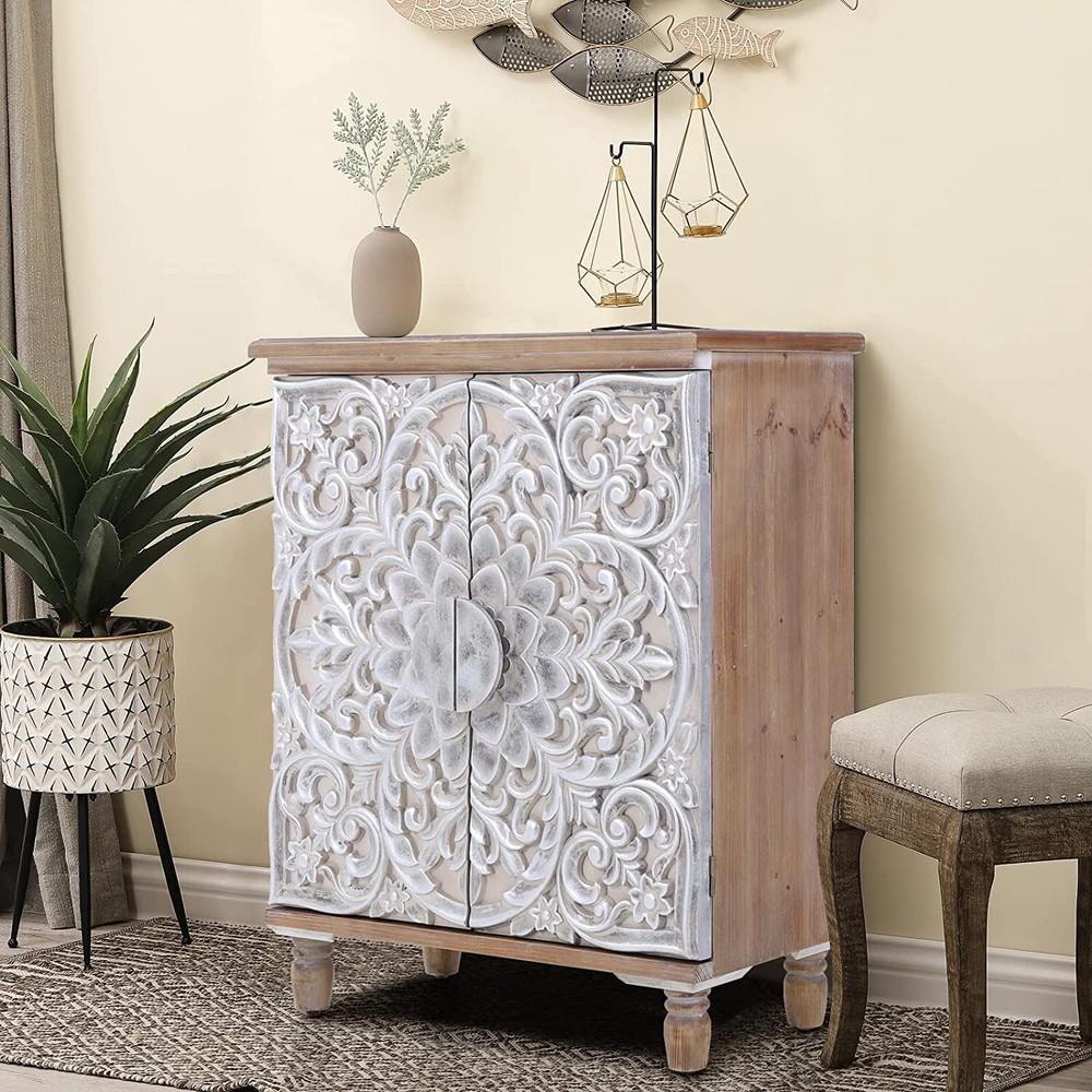 Accent Cabinet with 2 Doors Sideboard Buffet Storage Kitchen Distressed Cabinet